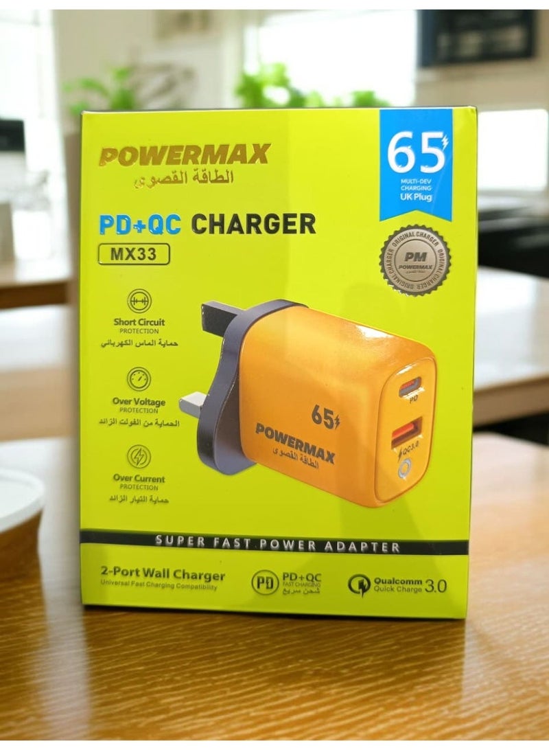 PowerMax 65W USB-C fast charging wall charger with PD and QC3.0 technology, three-prong plug - Image 1